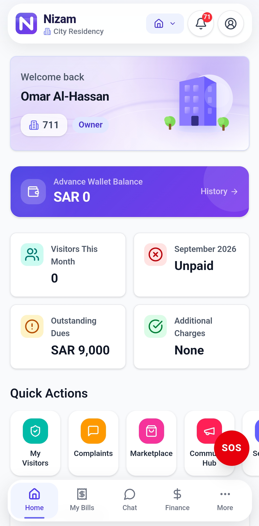 Nizam resident home screen showing wallet balance and quick actions