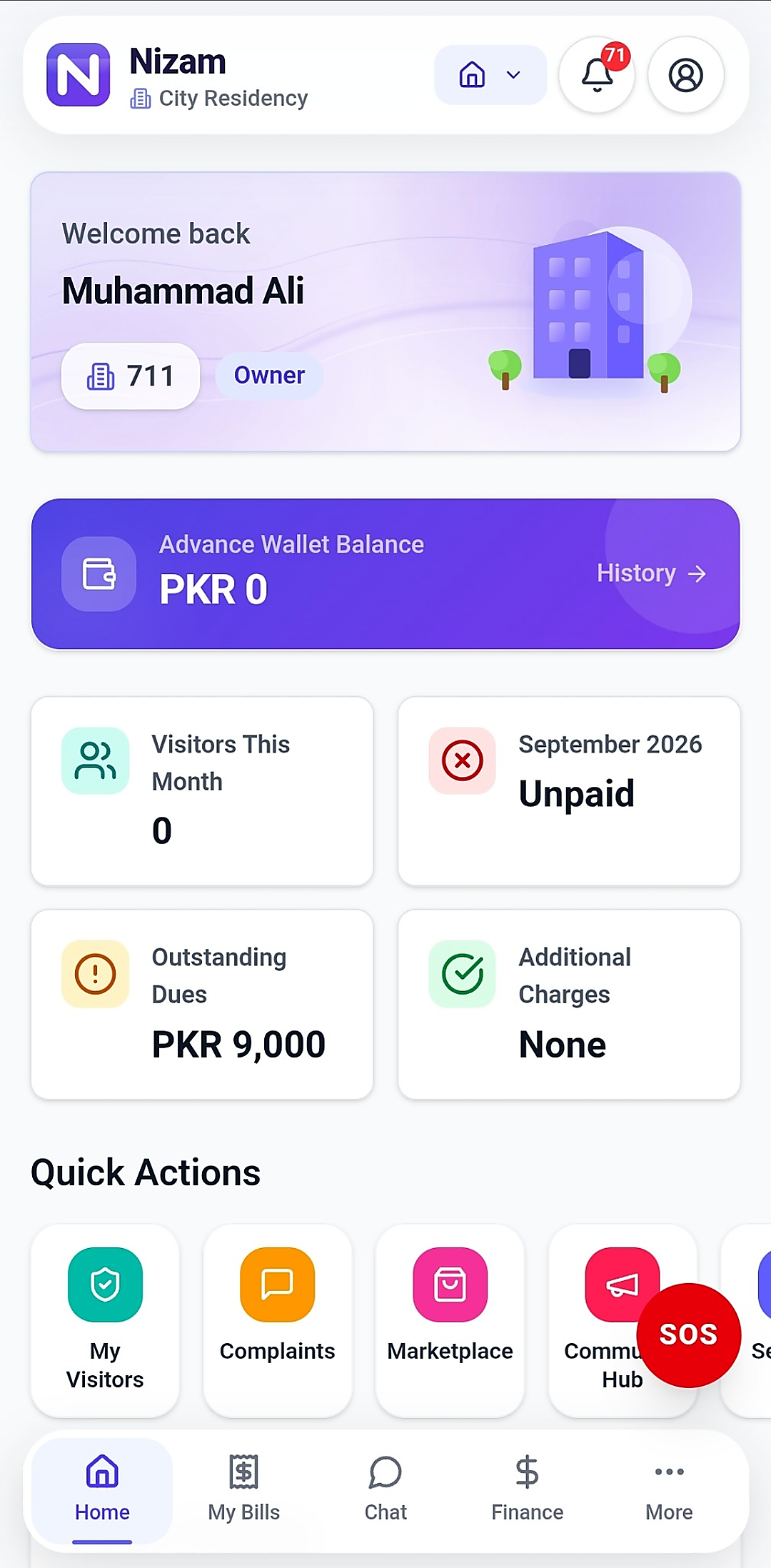 Nizam resident home screen showing wallet balance and quick actions